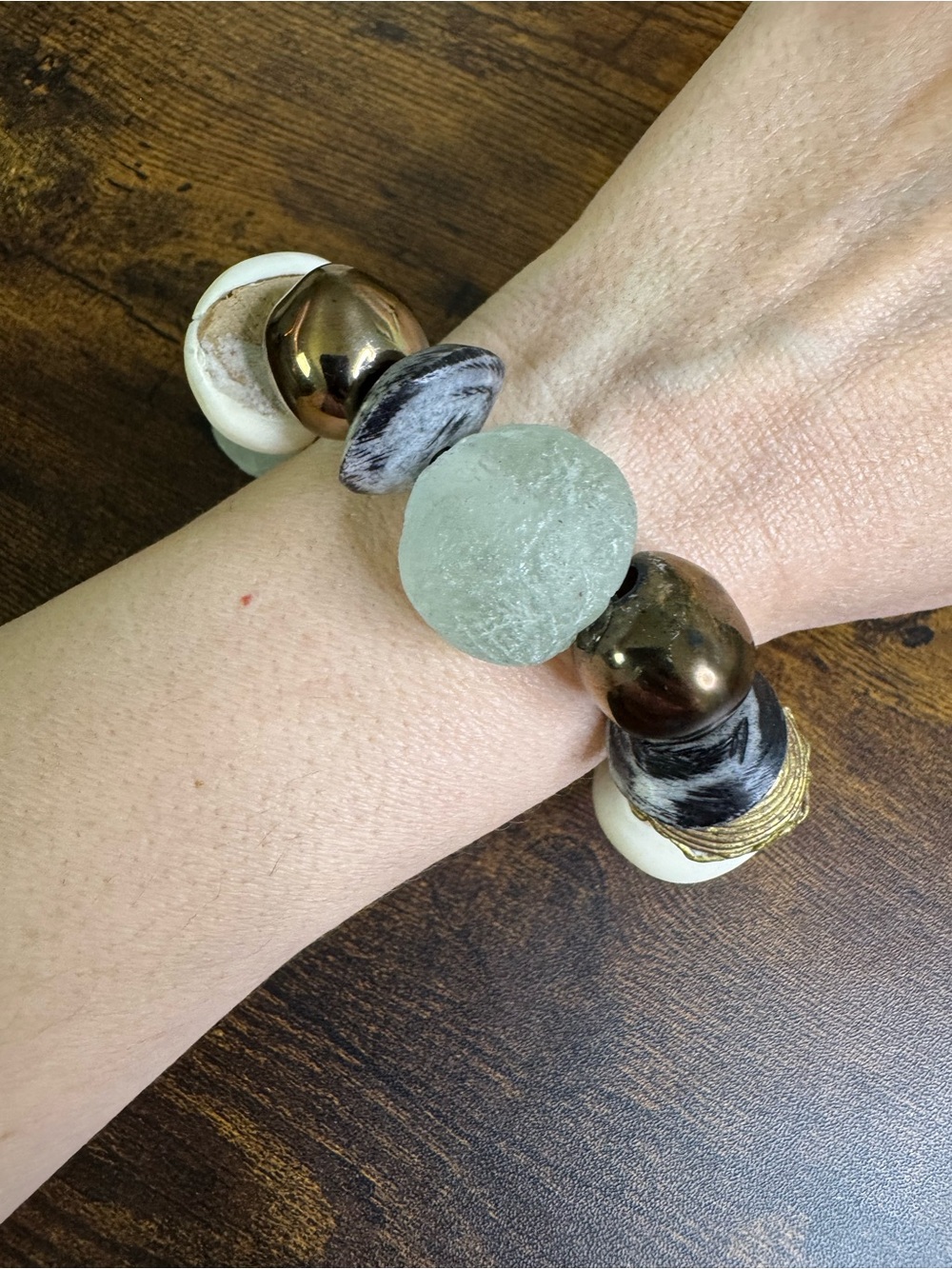 African Trade Beads Mixed Bead Stretch Bracelet - Seafoam & Brass